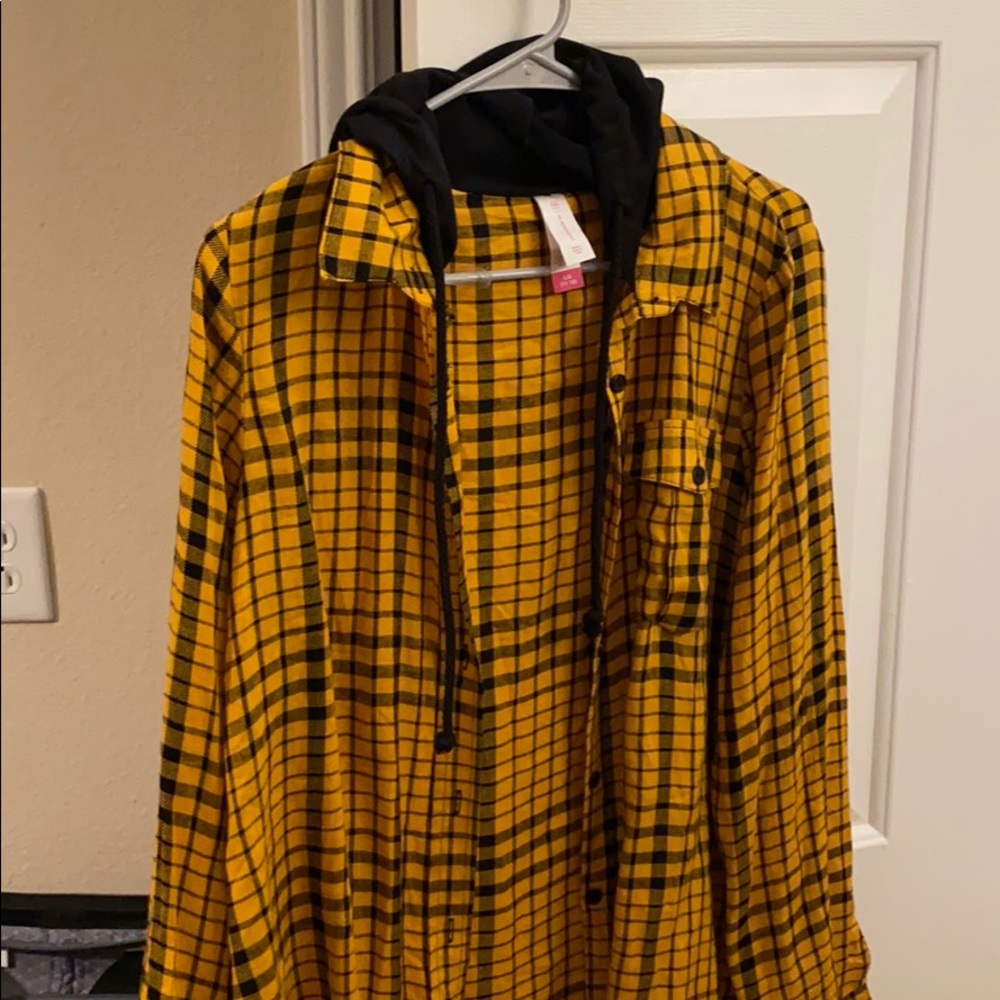 Hooded, plaid, button down shirt!